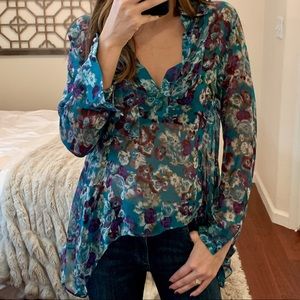 Olivaceou Sheer Floral Blouse